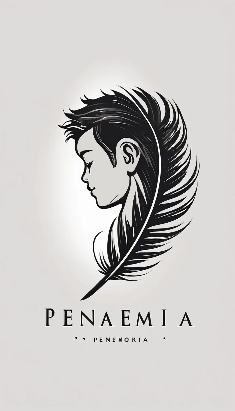 Create a minimal, modern, simple, inspirational, memorable, dream like logo design of a boy and a feather for the brand “Penamemoria".