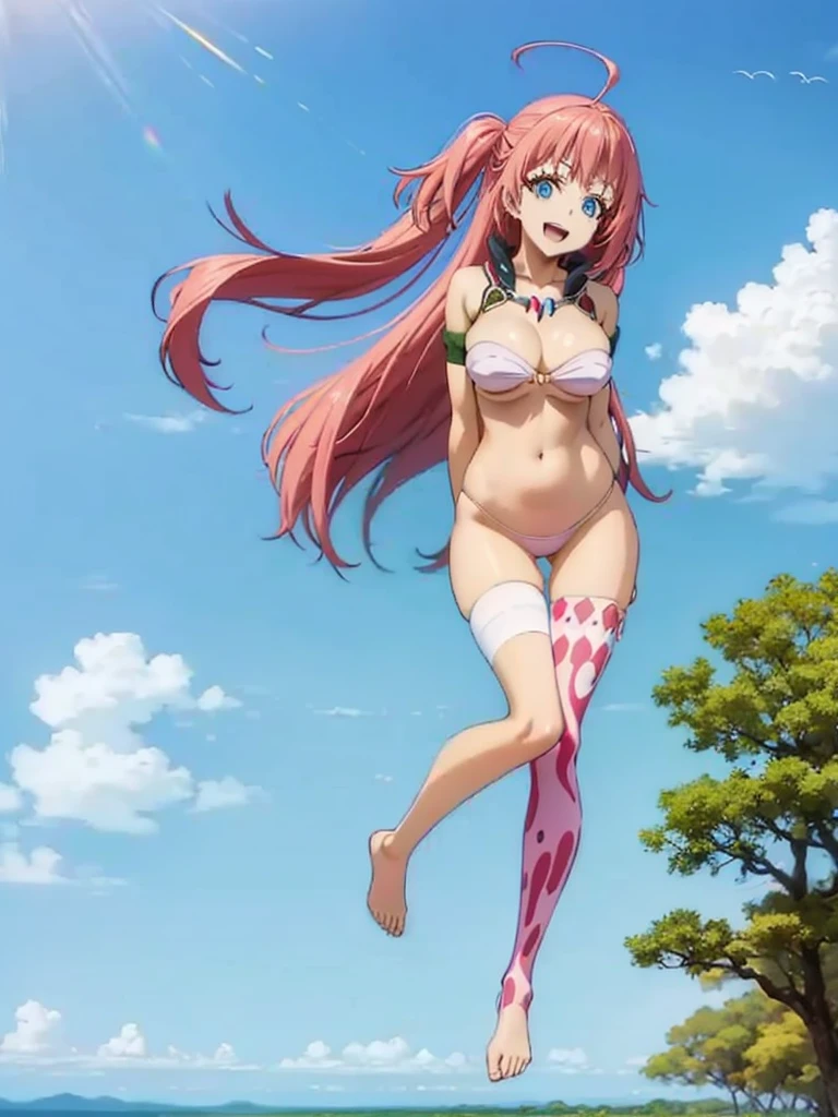 1girl, solo, beautiful girl, brunette skin, blue eyes, big eyes, detailed eyes, long eyelashes, pink hair, long hair, sidelocks, twintails, head tilt, fang, medium breasts, white bikini, string bikini, asymmetrical legwear, pink legwear, pink thighhigh, no pants, smile, looking at viewer, narrow waist, perfect hands, perfect anatomy, cleavage, midriff, navel, bare shoulders, bare arms, outdoors, flying, floating, blue sky, clouds, ultra detailed eyes, anime style, breasts together, knees together, legs up, smile, open mouth, simple background,