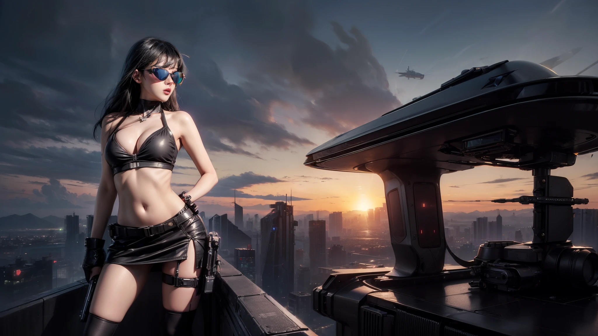 (((aerial view))) of futuristic cyberpunk city at night, hologram neon buildings, vivid colors, (((futuristic flying cars))) and futuristic cars, 3d rendering Beeple. large-breast:1.2 photorealistic sexy woman, solo, cleavage, off neck tube top, miniskirt, (((((black sunglasses, pistol shooting pose))))), standing, leaning forward, (((((half-body thigh level medium shot))))).