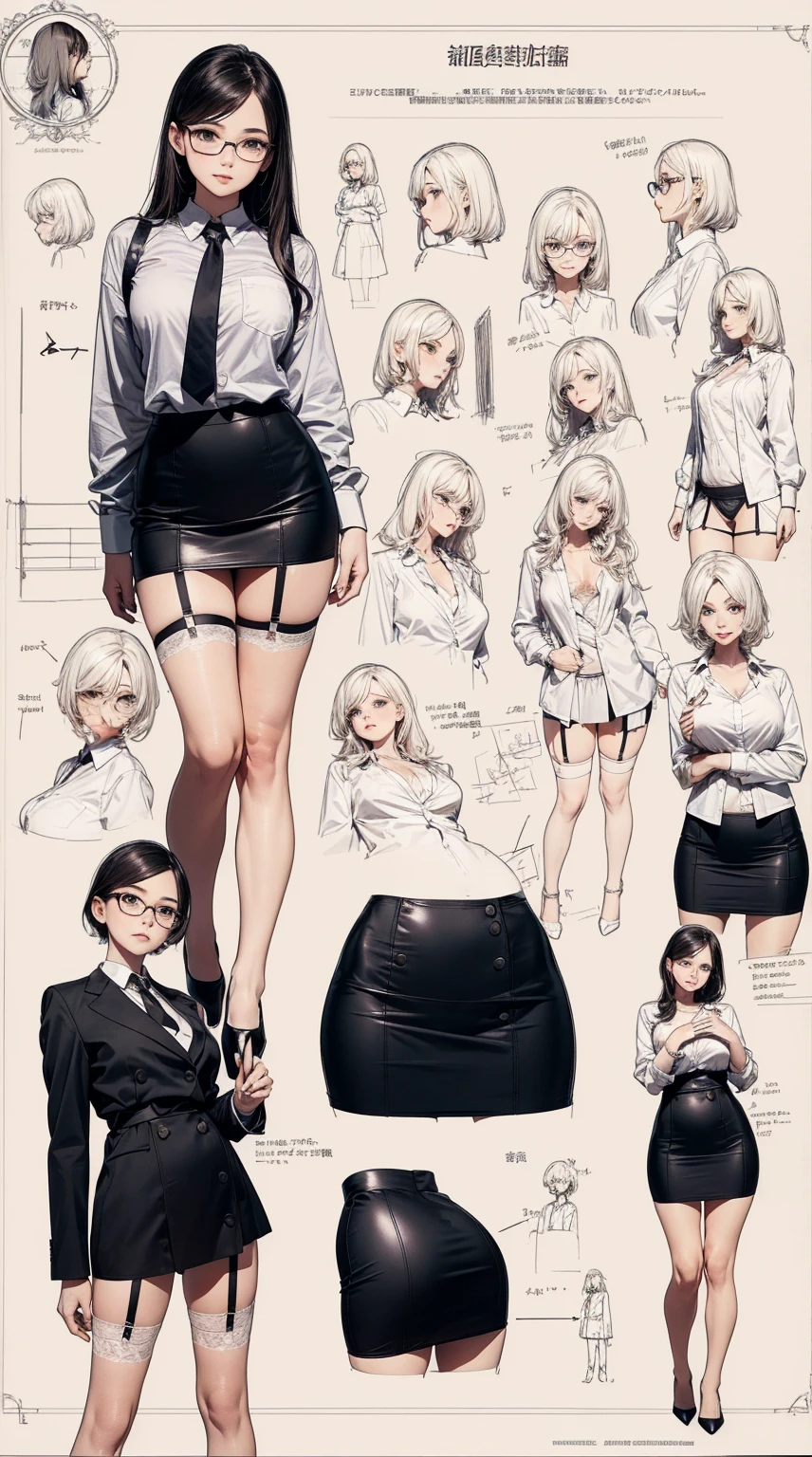 girl, alone, whole body, From head to toe, Are standing, (Huge_chest:1.3),

Character design sheet, Character Reference Sheet, 設計図のSchematic, Drafting, Blueprint, Schematic,
((Character design sheet:1.7, Character Reference Sheet:1.7,)),

anime/cartoon character wearing a girls , 1girl, alone, ,Mature Woman,chestの谷間,Long sleeve,Collared shirt,White shirt,,(Tight Skirt),((garter belt)),(High heels),Skirt Suit,mini skirt,office lady,Long Hair, bow, ,  (Very short skirt:1.4), (lingerie:1.5),