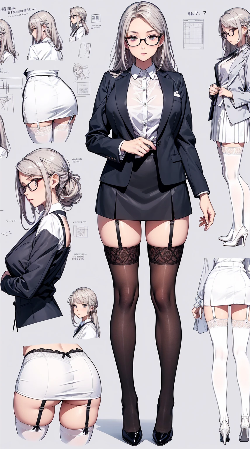 girl, alone, whole body, From head to toe, Are standing, (Huge_chest:1.3),
Character design sheet, Character Reference Sheet, 設計図のSchematic, Drafting, Blueprint, Schematic,
((Character design sheet:1.7, Character Reference Sheet:1.7,)),
anime/cartoon character wearing a girls , 1girl, alone, ,Mature Woman,chestの谷間,Long sleeve,Collared shirt,White shirt,,(Tight Skirt),((garter belt)),(High heels),Skirt Suit,mini skirt,office lady,Long Hair, bow, , (Very short skirt:1.4), (lingerie:1.5),secretary,Thin glasses, In underwear