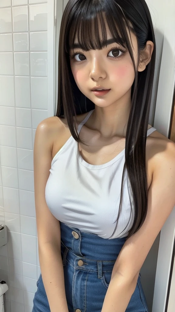 White T-shirt，JoJoJo,One girl, Underarm, Asian, bangs, Bare shoulders, Bathroom, Iris, Black Hair, blunt bangs, chest, brick wall, Brown eyes, Brown Hair,  Sealing, Mouth closed, clavicle, door, indoors, large chest, lips, Long Hair, View your viewers, nose, photograph \(Moderate\), Realistic, alone,, tile張りの床, tile wall, tile, toilet, Upper Body, wall, White Camisole