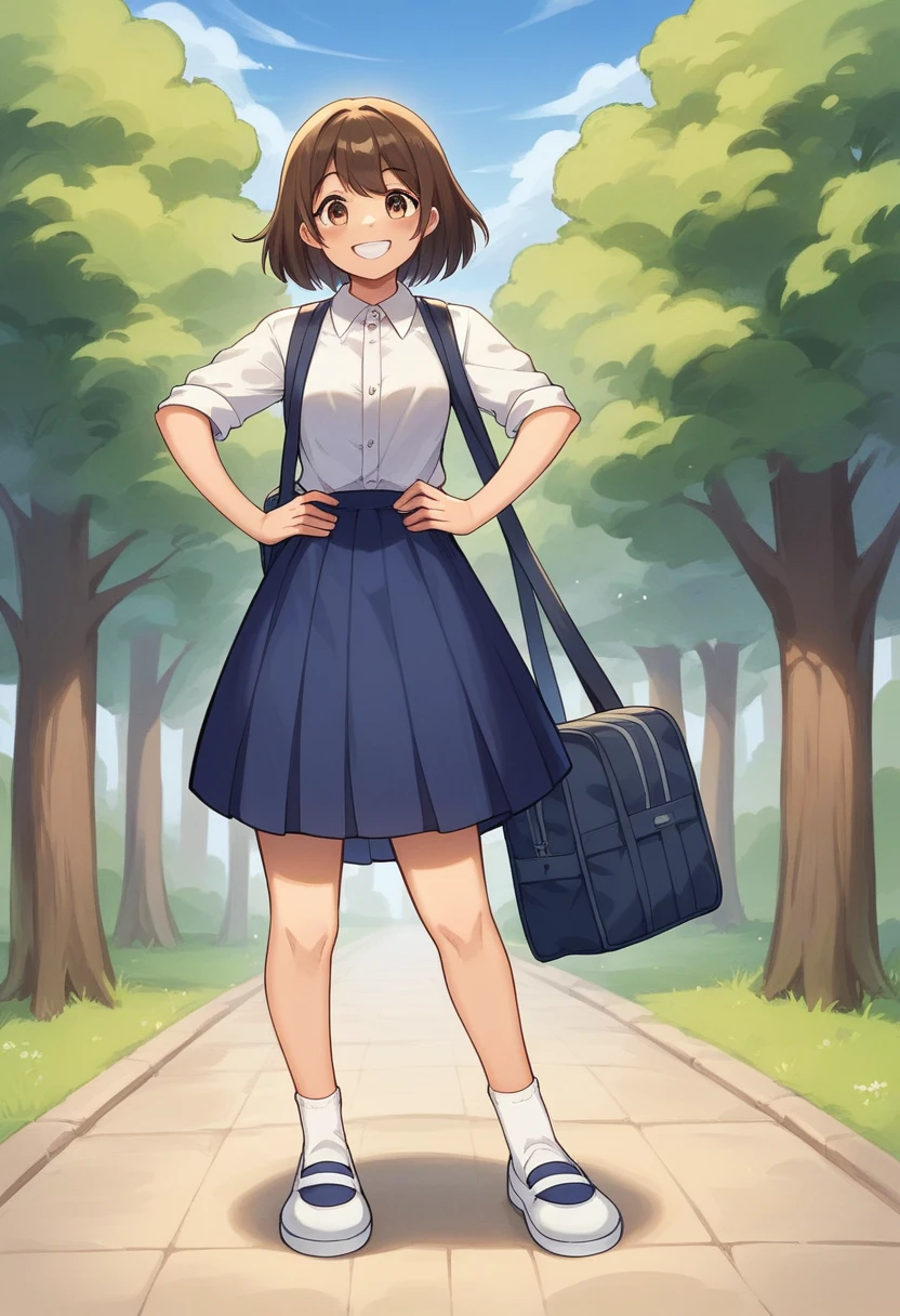 (masterpiece:1.2), (best quality:1.3), (highly detailed:1.4), 
(character pose: {standing with hands on hips, smiling confidently:1.2}), 
(background: {school courtyard with trees and blue sky:1.3}), 
(clothing: {traditional Japanese , white blouse, blue skirt:1.2}), 
(full body shot:1.5), 
(accessories: {school bag:1.1}), 
(hair color: {dark brown:1.2}), 
(eye color: {hazel:1.2}), 
(lighting: {bright and natural:1.3}), 
(atmosphere: {cheerful and energetic:1.3})
