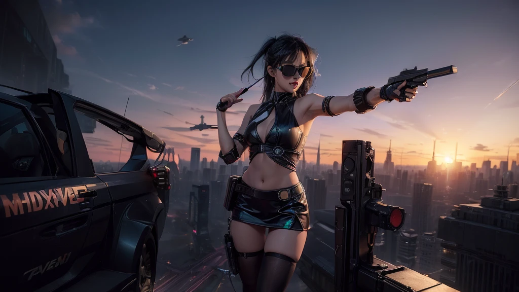 (((aerial view))) of futuristic cyberpunk city at night, hologram neon buildings, vivid colors, (((futuristic flying cars))) and futuristic cars, 3d rendering Beeple. large-breast:1.2 photorealistic sexy woman, solo, cleavage, off neck tube top, miniskirt, (((((black sunglasses, pistol shooting pose))))), standing, leaning forward, (((((half-body thigh level medium shot))))).