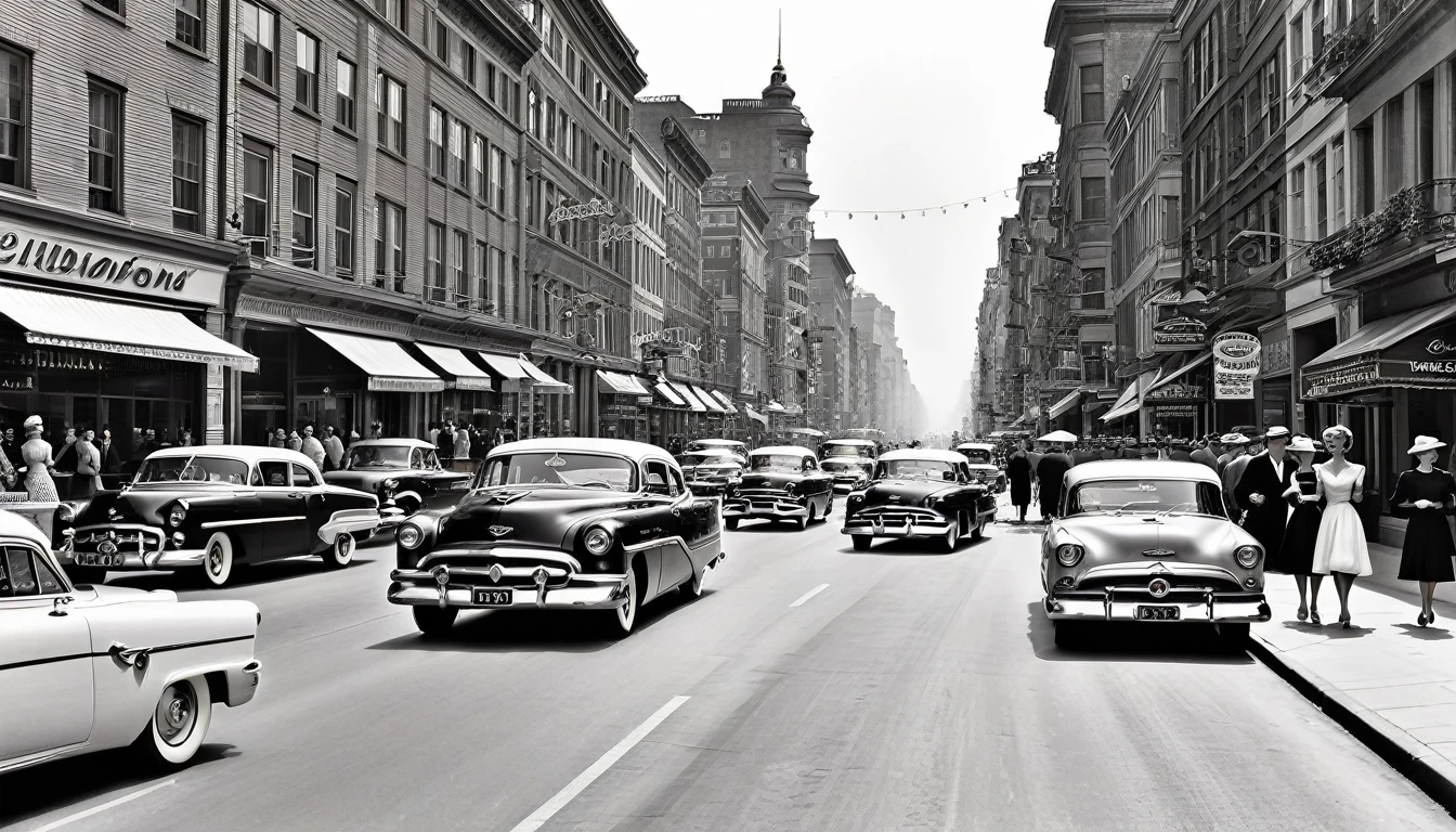 Black and white photography、A vibrant streetscape from the 1950s,  On the background of cityscape, More pedestrians and classic cars、It exudes a 1950s atmosphere.。. This scene exudes charm and elegance., This photo shows、Captures the timeless charm and glamour of the 1950s。. This scene creates a nostalgic atmosphere, It perfectly captures the beauty and dynamics of the era.. The viewer is transported to a bygone era of style and elegance, , Wide Ankle Shot,  Vintage_p_style, Tan Nylon

