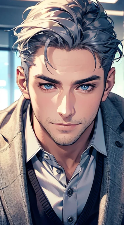 (best quality,4k,8k,highres,masterpiece:1.2),ultra-detailed,(realistic,photorealistic,photo-realistic:1.37),1 man,31 years old,mature man,very handsome,without expression,smile,short grey blue hair,blue eyes,penetrating gaze,perfect face without errors,imposing posture,businessman,office background,cinematic lighting,hdr image