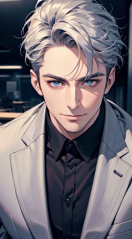 (best quality,4k,8k,highres,masterpiece:1.2),ultra-detailed,(realistic,photorealistic,photo-realistic:1.37),1 man,31 years old,mature man,very handsome,without expression,smile,short grey blue hair,blue eyes,penetrating gaze,perfect face without errors,imposing posture,businessman,office background,cinematic lighting,hdr image