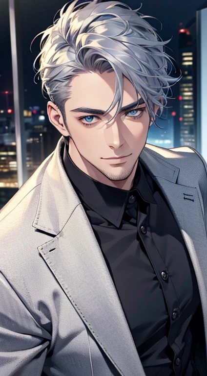(best quality,4k,8k,highres,masterpiece:1.2),ultra-detailed,(realistic,photorealistic,photo-realistic:1.37),1 man,31 years old,mature man,very handsome,without expression,smile,short grey blue hair,blue eyes,penetrating gaze,perfect face without errors,imposing posture,businessman,office background,cinematic lighting,hdr image