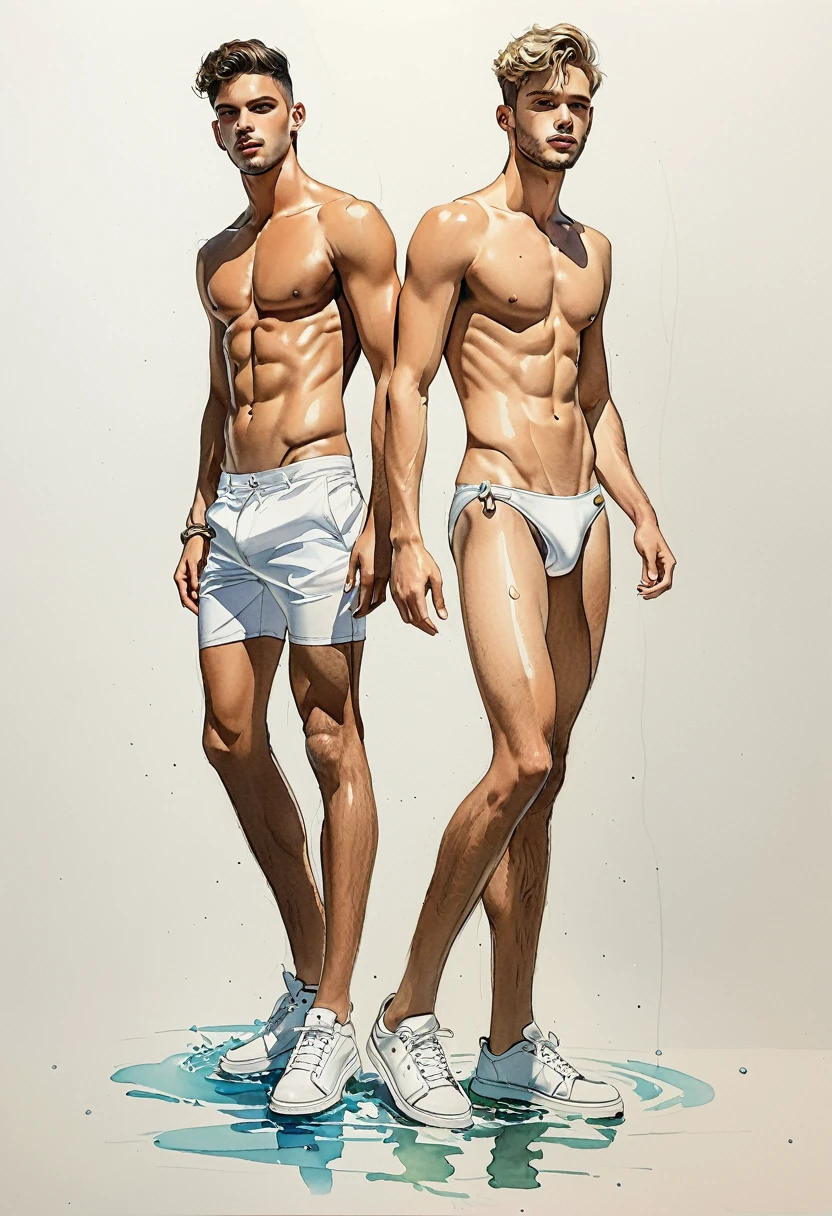 candid fashion illustration of two young mixed male supermodel, both aged 20 year old, ((showcase fashion look book in a men white thong swimsuit)), in elegant young and sexy style. The 2man complements each other in sexy swimsuit and white sneakers. Captured in a low angle, ((full-body image)), ((imperfect water color background)), sketching, realistic drawing, ((imperfect water color drawing)), fashion look book, fashion illustrator, sketch design, Jacquemus, gay, gay couple, thick bugle, handsome, big bugle.