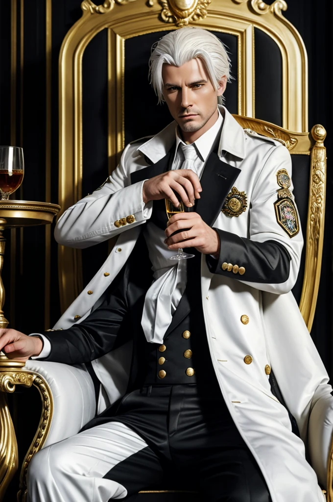 white haired mafia man white skin realistic 3d holding a whine glass and guns on the back sitting on a gold throne and wearing baggy trouser black suit trench coat in his mid 20's put on a name tag on his coat and the name is Lex