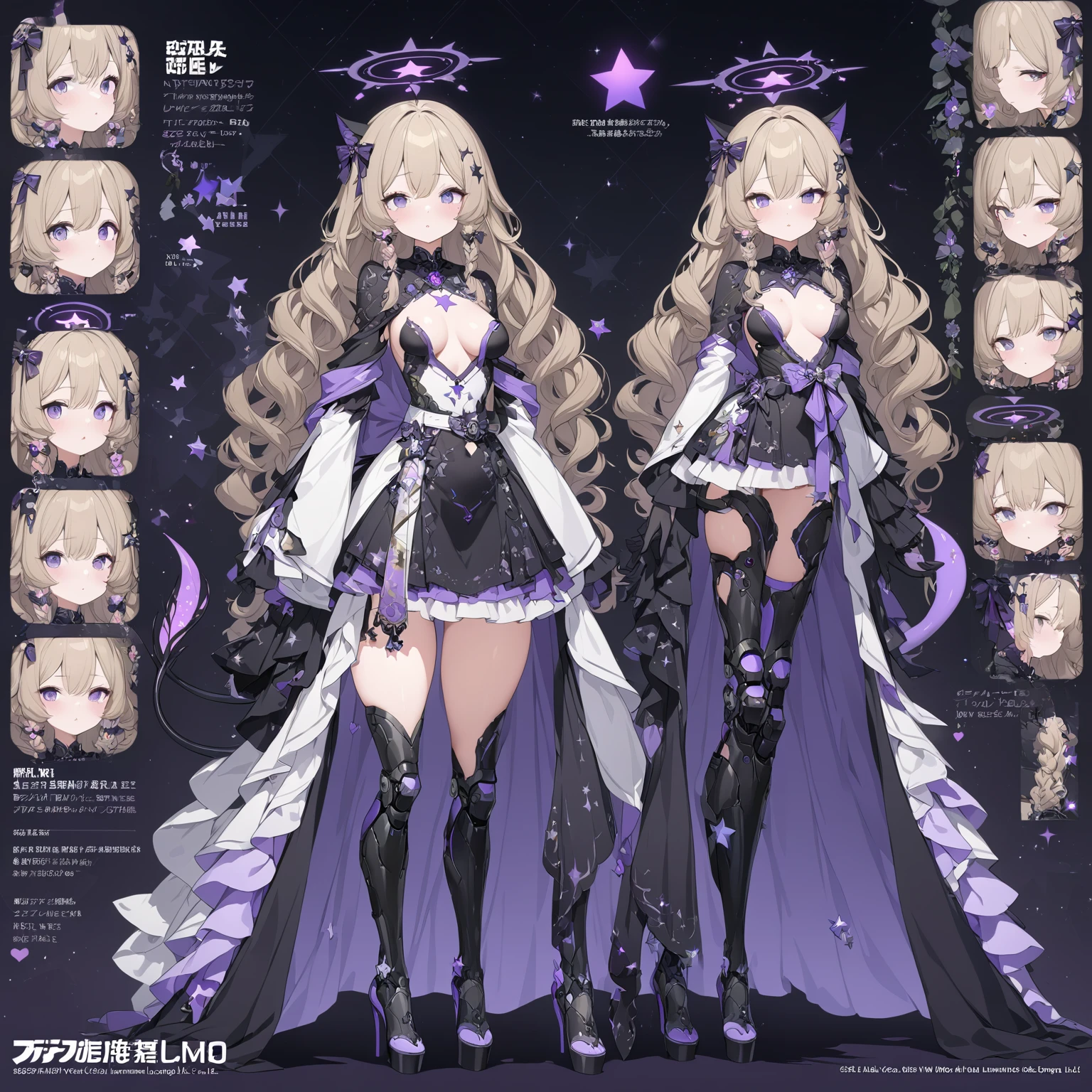 1 girl , long dark blonde hair, slim build, wavy hair with hip length curls, has a short central tuft, She has two short braids on the left and right side of her head.. He has black serval ears with gray and purple on the top of his head. small face. one gray eye and one violet eye, ribbons on the right and left side of the hair. extremely detailed face, Beautiful detailed eyes, beautiful detailed lips. woman 180 cm tall, adorable, extremely detailed legs, (Best Quality, 4k, 8k, high resolution), ultra detailed, Exquisite and epic character art. Black platform heels, Elegant one-piece long dress with ruffles on the skirt and wide sleeves, star and ribbon decorations on the dress. black gloves with pink. light gray belt with a large blue heart ribbon. black necklace with heart emblem on the neck. Has a succubus tail with a purple star tip.. (wide hip). Luminous black halo with purple star patterns above his head... (medium breast size). Thigh High Mechanical Legs in Black and Luminous Purple, (16 year old woman). Front View Character Design Sheet.