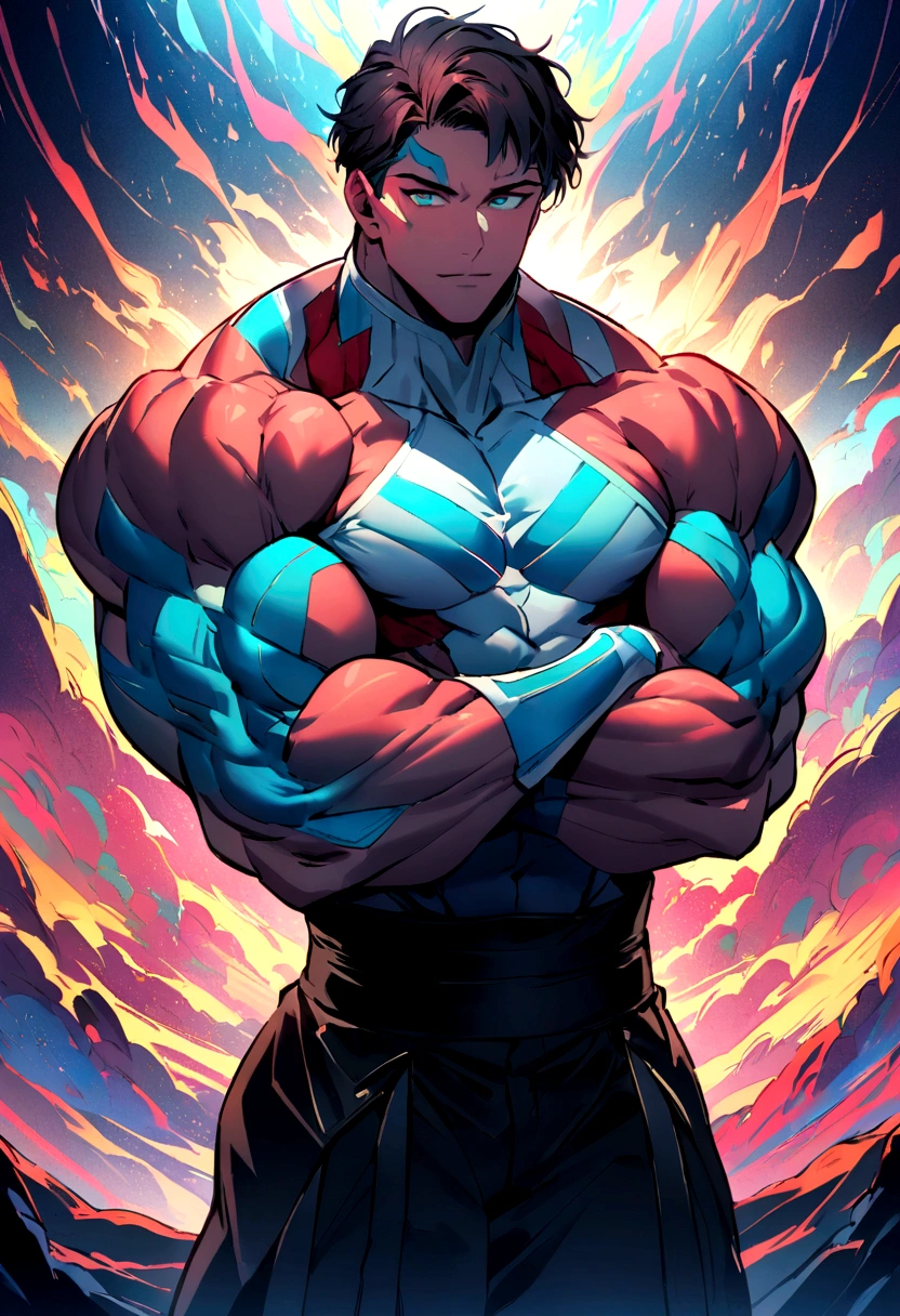 A captivating social media thumbnail showcasing a young, healthy-looking man who is nineteen years old. He is standing confidently with his arms folded, displaying an impressive muscle definition. A black chalkboard-style text indicates his weight, showing a transformation of 6 kg gained in just two months. The background is a vibrant mix of motivational colors, inspiring viewers to embrace their fitness journey.