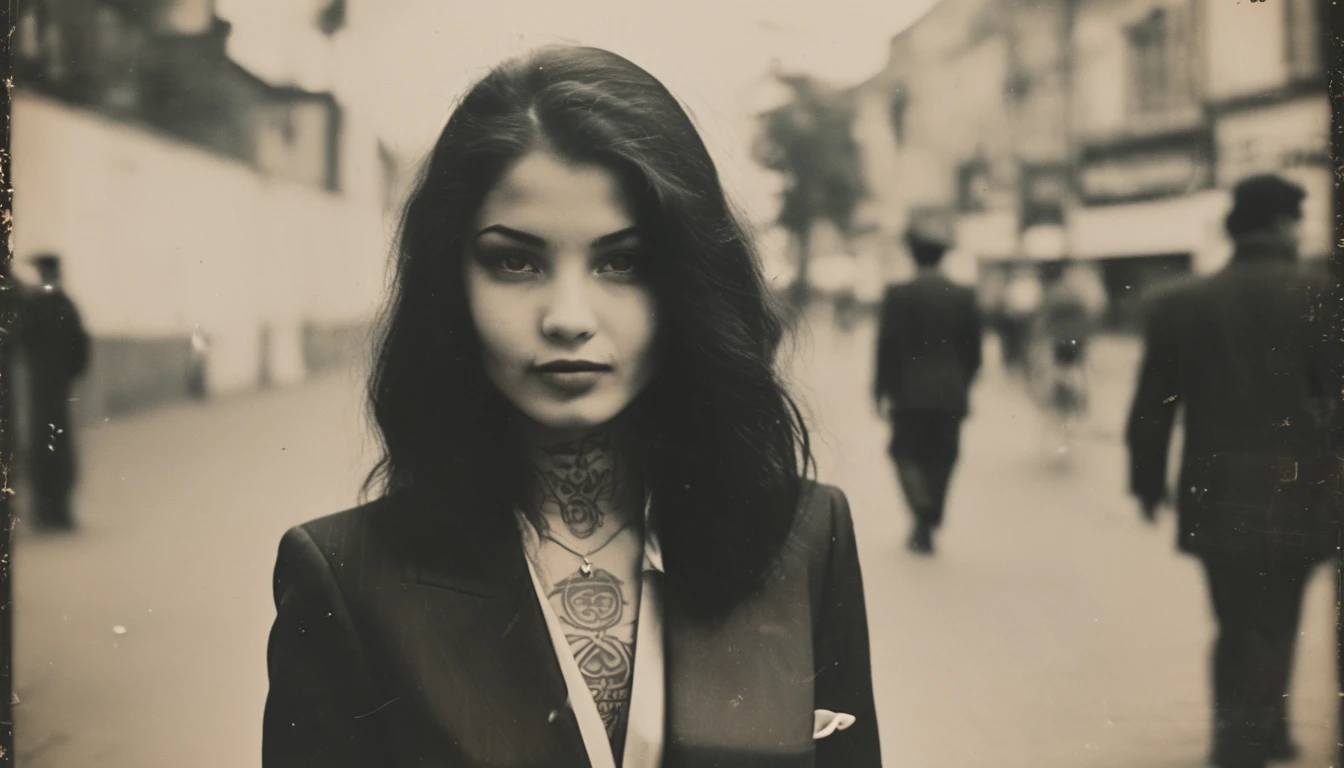 35mm vintage street photo of a very beautiful innocent looking lady, 20years old, long straight black hair, full of body tattoo, wearing suit, smiling
