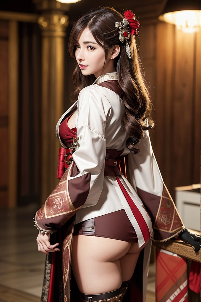 Woman portrait、Highest quality、Rear view、8K, clear, Fine skin、Clear, beautiful eyes、Cleavage、The beauty of a smile、whole body,Curly Hair、My hair was messed up by the wind、(Glamorous Muscle、tall),(Hip_superior, Hip superior), Beauty,( Watching the audience),Realistic, High resolution, Soft Light,1 female, One person,Brown hair,Long Hair,Fine Skin, Naughty look,Steampunk style girl、Costumes decorated with lots of gear and watches,(Greco-Roman pattern in white, brown, silver, red and dark brown,Sailor-style kimono with Burberry check collar)、Beautiful Steampunk Guild Staff Costume Banker Uniform,(White, brown, silver, red and dark brown checkered steampunk kimono、drawstring、spikes,beads、hairclip,gloves、Luxurious obi,Lavish decoration、glove,stockings )、((arms behind back)),(bokeh),(studio lighting)