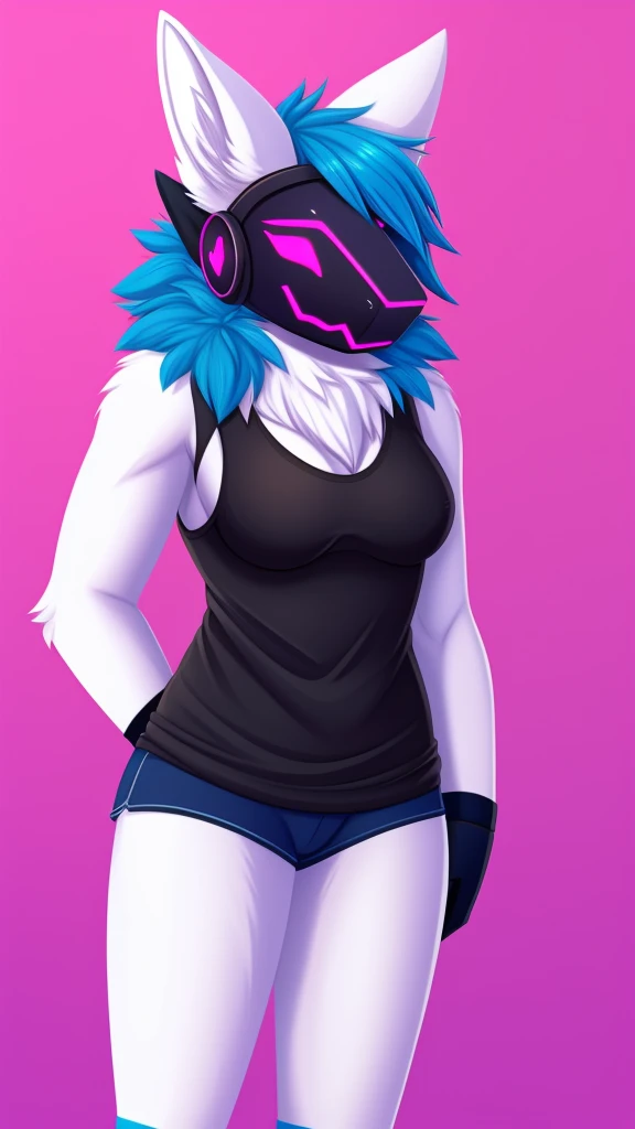 Furry protogen female anthropomorphic white fur pink eyes blue ears wearing a black tank top medium breast size profile picture 