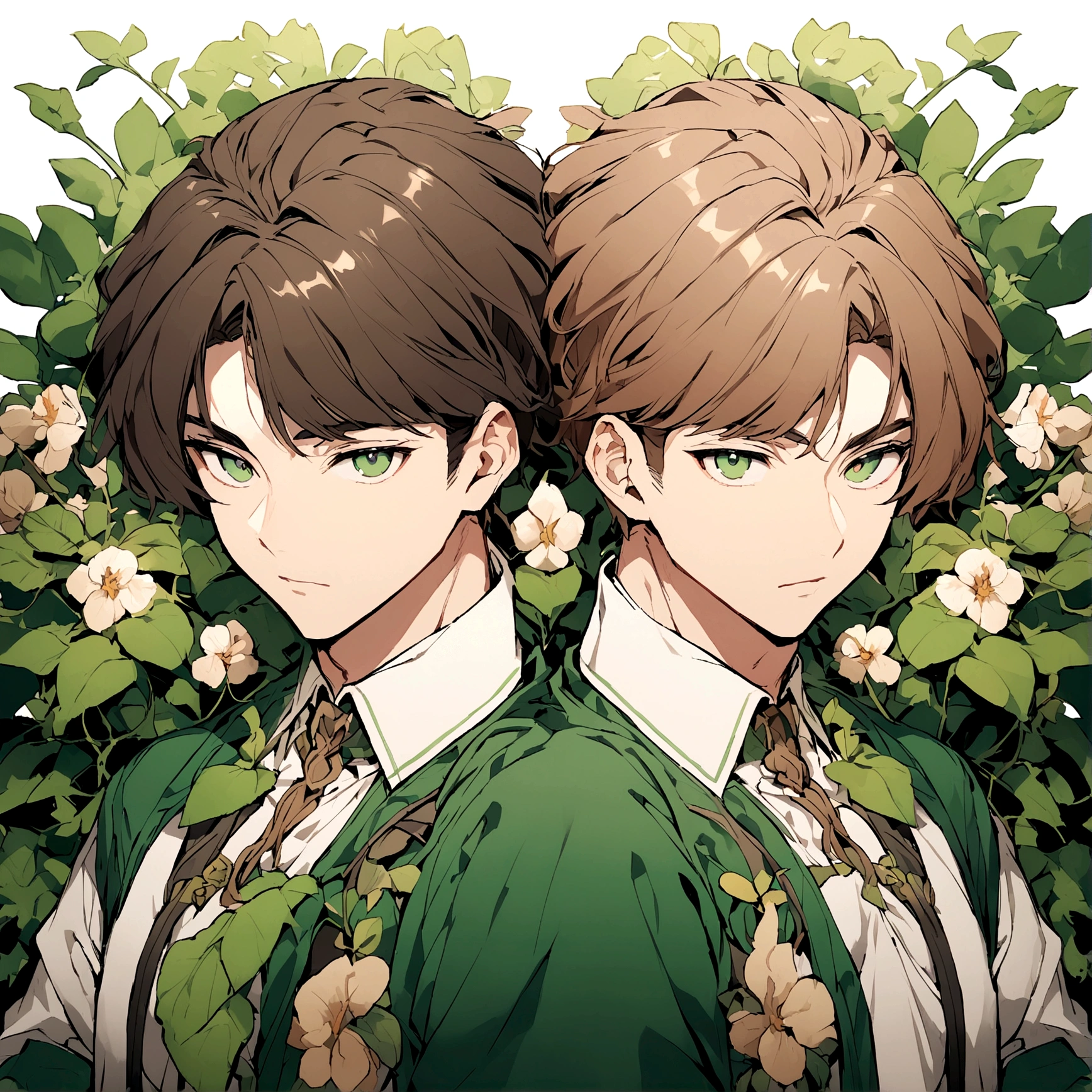 adult male gardener - brown hair - dark green eyes - in a garden