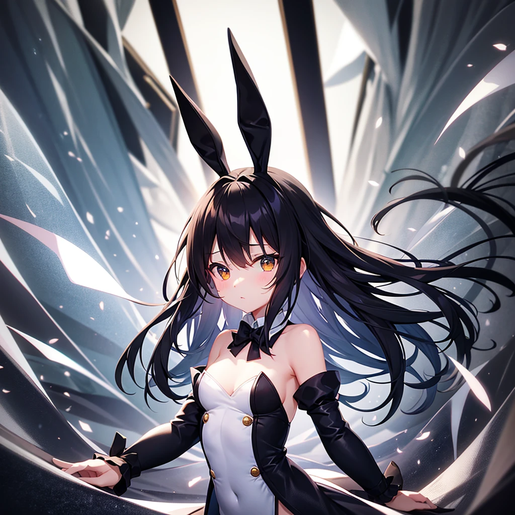 (Bunny girl),Dropped ears,Cute little ,Tiny ,Small girl,,Childish face, Very fine clean face,Top quality,Black Hair,(Dark Room), Subtle light, Natural light,Soft lighting,Light from directly behind, (Are standing),With bust up,Front view,Black background