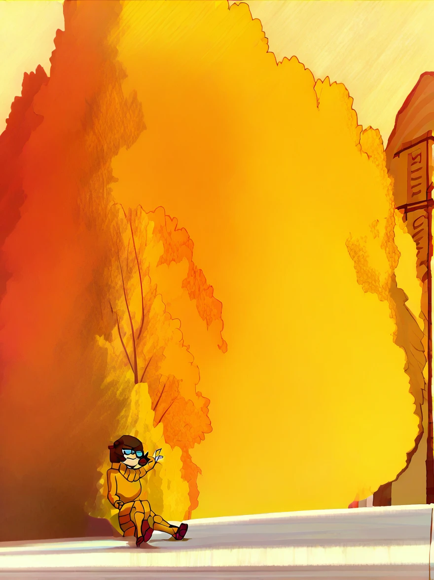 velma, 1 girl, short hair, black eyes, Black frame glasses, Brown hair, Alone, hair bow,tree, parts, Orange socks, red shoes, score_9, score_8_above, score_7_above, score_6_above, score_5_above, score_4_above, SMILE, outdoor, looking at the viewer, hand on one's hip, BREAK (completely nude:1.2), (naked:1.2) surprised, clear and detailed face (embarrassed, panicking, upturned eyes, full-face blush, open mouth, parted lips:1.3) full body view, long distance shot, full body view, front shot, full body in scene, (masterpiece)), (super detailed), Top quality, high quality, High resolution, (Complete anatomy), Masterpiece of the best quality,4k,8k,high quality,high resolution,enjoy, (masterpiece)), (super detailed), Top quality, high quality, High resolution