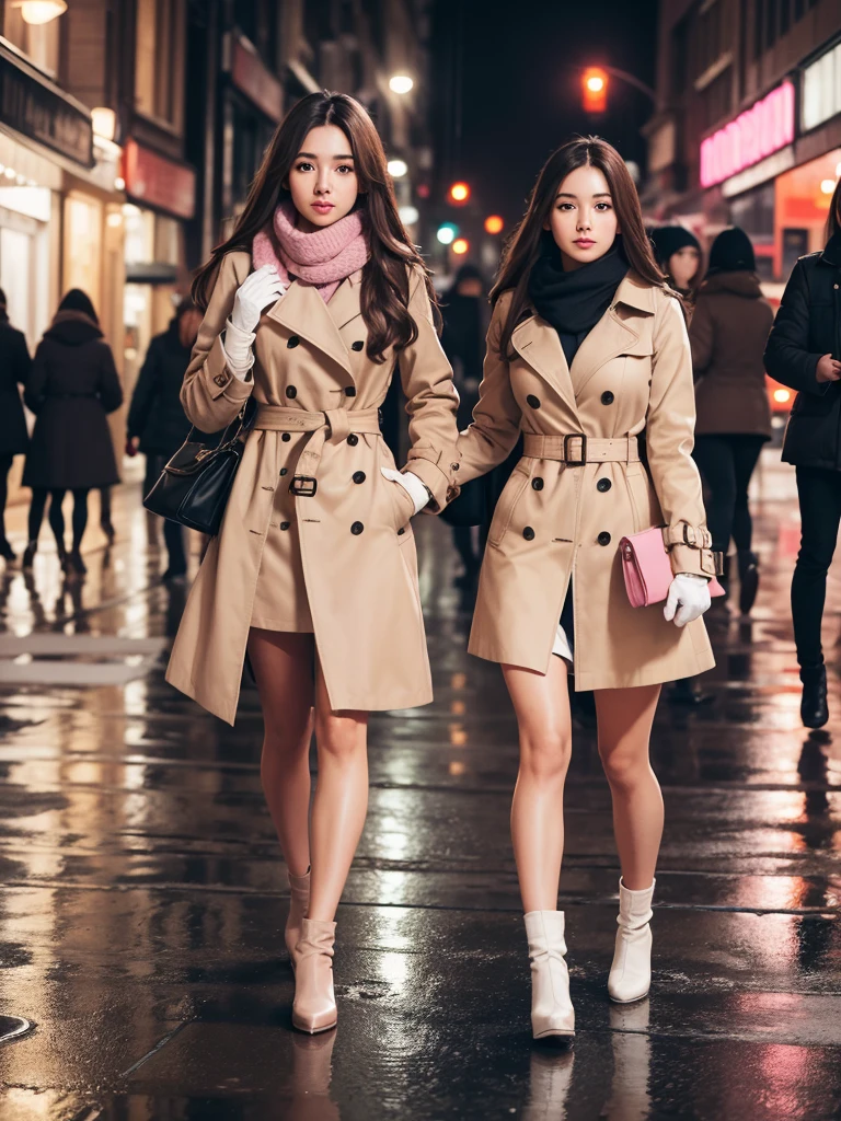 1girl with long brown hair wearing a fully buttoned up and belted buckle beige trench coat with a large pink winter wool scarf and white gloves carrying her large purse at the hard rainy night city street full body 8k