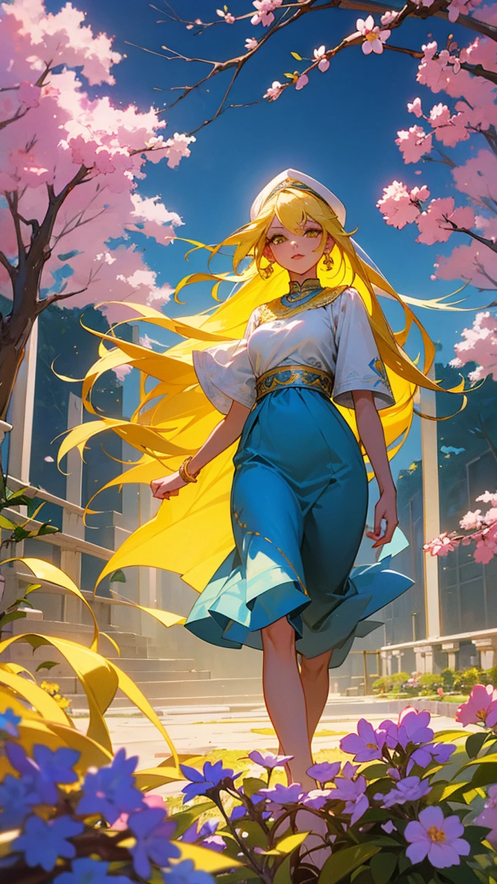 Draw a very beautiful 19-year-old girl of Greek origin with yellow hair and eyes, pink lips, wearing yellow and blue Turkish sultana clothes while walking under an anime-style cherry garden.