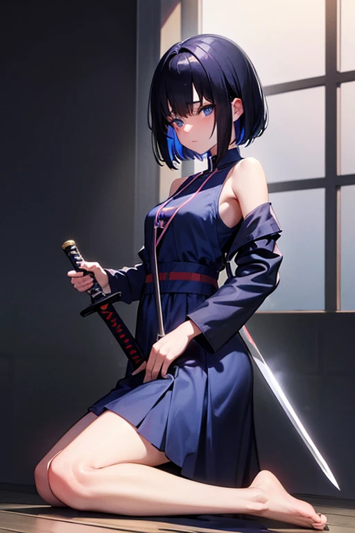 kneeling,exhausted,injured,young Anime girl holding sword katana blue dress holding a sword, anime, short black hair with neon highlights, hair is above shoulder height smooth beautiful
