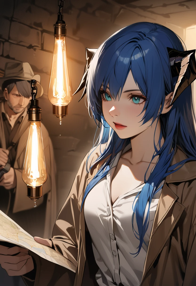 ((adult)), (woman), ((tall)), ((Mostima from arknights)) , masterpiece, best quality, ((Bluer hair long)), horns, plain white shirt, brown coat, holding a map and a torch, indiana jones outfit, hat, realistic anime style, inside of a dark catacomb, portrait.