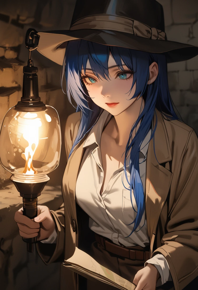 ((adult)), (woman), ((tall)), ((Mostima from arknights)) , masterpiece, best quality, ((Bluer hair long)), horns, plain white shirt, brown coat, holding a map and a torch, indiana jones outfit, hat, realistic anime style, inside of a dark catacomb, portrait.