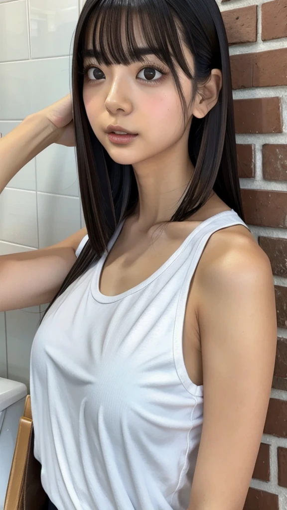 White T-shirt，JoJoJo,One girl, Underarm, Asian, bangs, Bare shoulders, Bathroom, Iris, Black Hair, blunt bangs, chest, brick wall, Brown eyes, Brown Hair,  Sealing, Mouth closed, clavicle, door, indoors, large chest, lips, Long Hair, View your viewers, nose, photograph \(Moderate\), Realistic, alone,, tile張りの床, tile wall, tile, toilet, Upper Body, wall, White Tシャツ