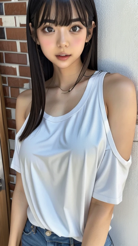 White T-shirt，JoJoJo,One girl, Underarm, Asian, bangs, Bare shoulders, Bathroom, Iris, Black Hair, blunt bangs, chest, brick wall, Brown eyes, Brown Hair,  Sealing, Mouth closed, clavicle, door, indoors, large chest, lips, Long Hair, View your viewers, nose, photograph \(Moderate\), Realistic, alone,, tile張りの床, tile wall, tile, toilet, Upper Body, wall, White Tシャツ