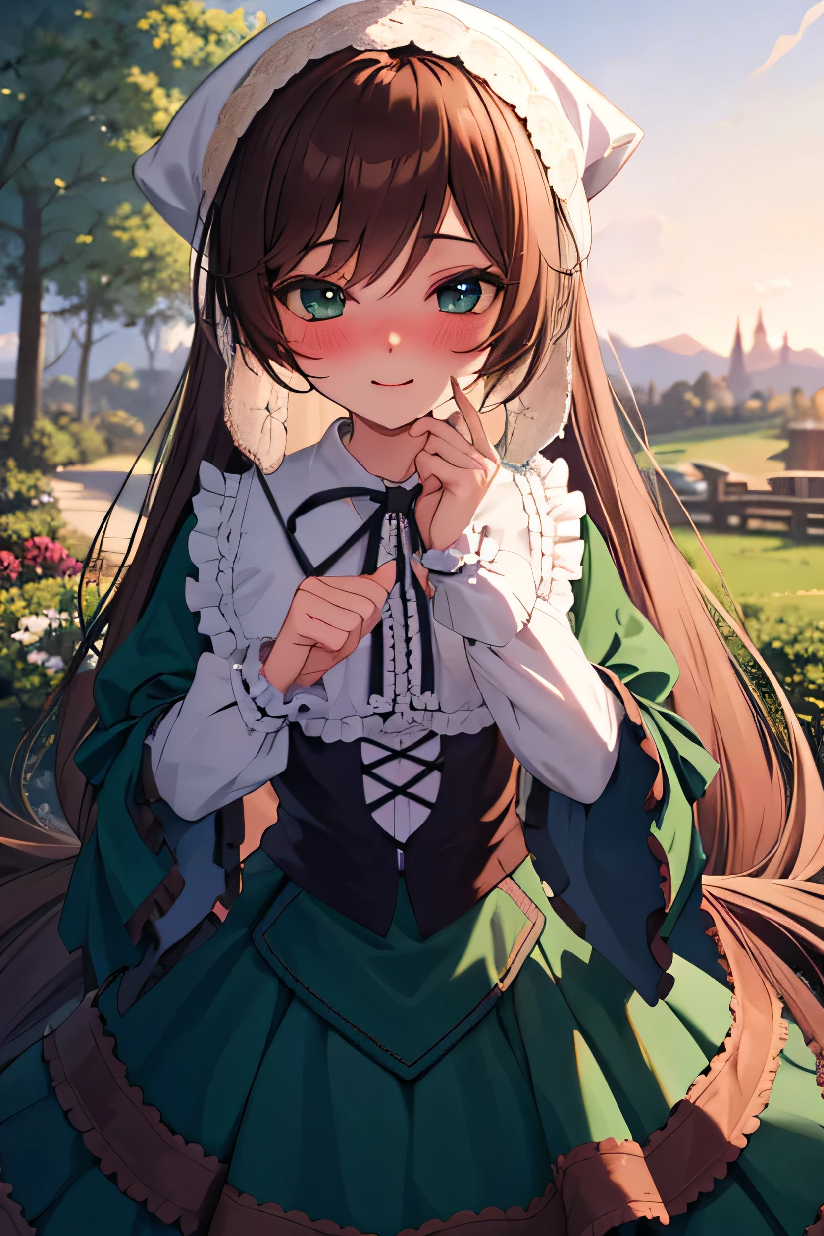 score_9、score_8_up、score_7_up、score_6_up、score_5_up、score_4_up、source_アニメ、BREAK, (masterpiece,Highest quality, detailed), indoor, kitchen, View your viewers, One girl, alone, whole body, Are standing, Cowboy Shot, blush, nose blush, suiseiseki, Twin Drill, Green Dress, Neck ribbon, bonnet, Head scarf, suiseiseki, corset, Cowboy Shots, Put your hands together, Outdoor, nature, A light smile, blush