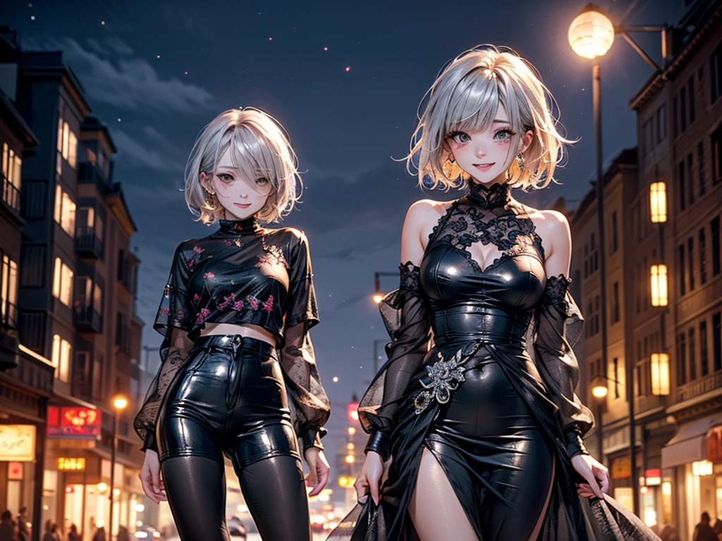 (masterpiece),(Highest quality:1.2),(Perfect Anatomy),(1 Girl),Beautiful and delicate,Silver Hair,((Latest Trends in Clothing)),Street fashion,Colorful oversized clothing,Cute costumes,(Highly detailed elegant), Detailed skin,Add a dramatic and symbolic element to your scene, Silky to the touch,It has a mysterious and enchanting atmosphere.,Through delicate lines and vibrant colors,Her beauty is more vivid,Captivating smile,Beautiful night view,Streetscape,Moonlight,Tears flowing from one eye,A big smile,Smiling face,Crying eyes closed,Hair blowing in the wind,short hair,Beautiful Eyes,childish face
