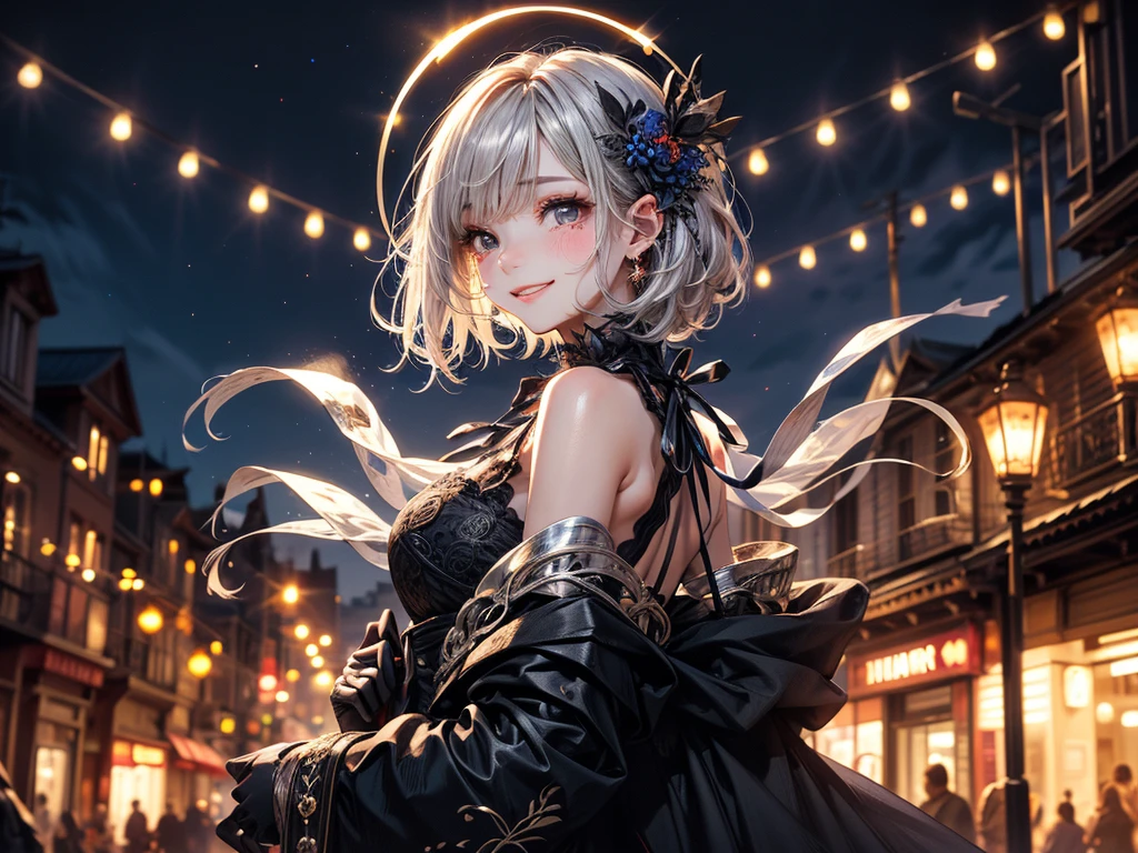 (masterpiece),(Highest quality:1.2),(Perfect Anatomy),(1 Girl),Beautiful and delicate,Silver Hair,((Latest Trends in Clothing)),Street fashion,Colorful oversized clothing,Cute costumes,(Highly detailed elegant), Detailed skin,Add a dramatic and symbolic element to your scene, Silky to the touch,It has a mysterious and enchanting atmosphere.,Through delicate lines and vibrant colors,Her beauty is more vivid,Captivating smile,Beautiful night view,Streetscape,Moonlight,Tears flowing from one eye,A big smile,Smiling face,Crying eyes closed,Hair blowing in the wind,short hair,Beautiful Eyes,childish face