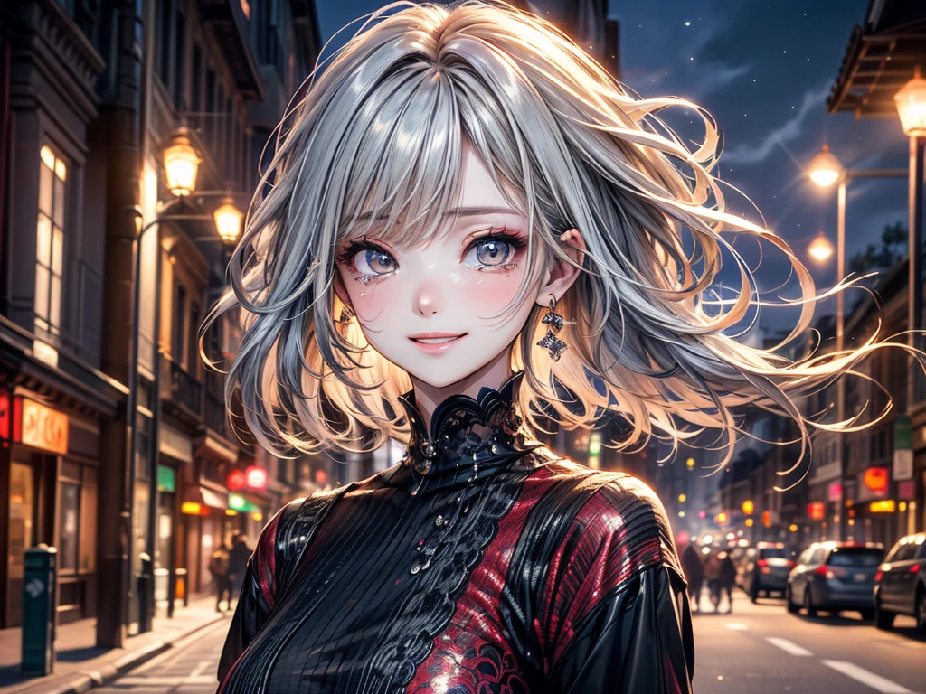 (masterpiece),(Highest quality:1.2),(Perfect Anatomy),(1 Girl),Beautiful and delicate,Silver Hair,((Latest Trends in Clothing)),Street fashion,Colorful oversized clothing,Cute costumes,(Highly detailed elegant), Detailed skin,Add a dramatic and symbolic element to your scene, Silky to the touch,It has a mysterious and enchanting atmosphere.,Through delicate lines and vibrant colors,Her beauty is more vivid,Captivating smile,Beautiful night view,Streetscape,Moonlight,Tears flowing from one eye,A big smile,Smiling face,Crying eyes closed,Hair blowing in the wind,short hair,Beautiful Eyes,childish face