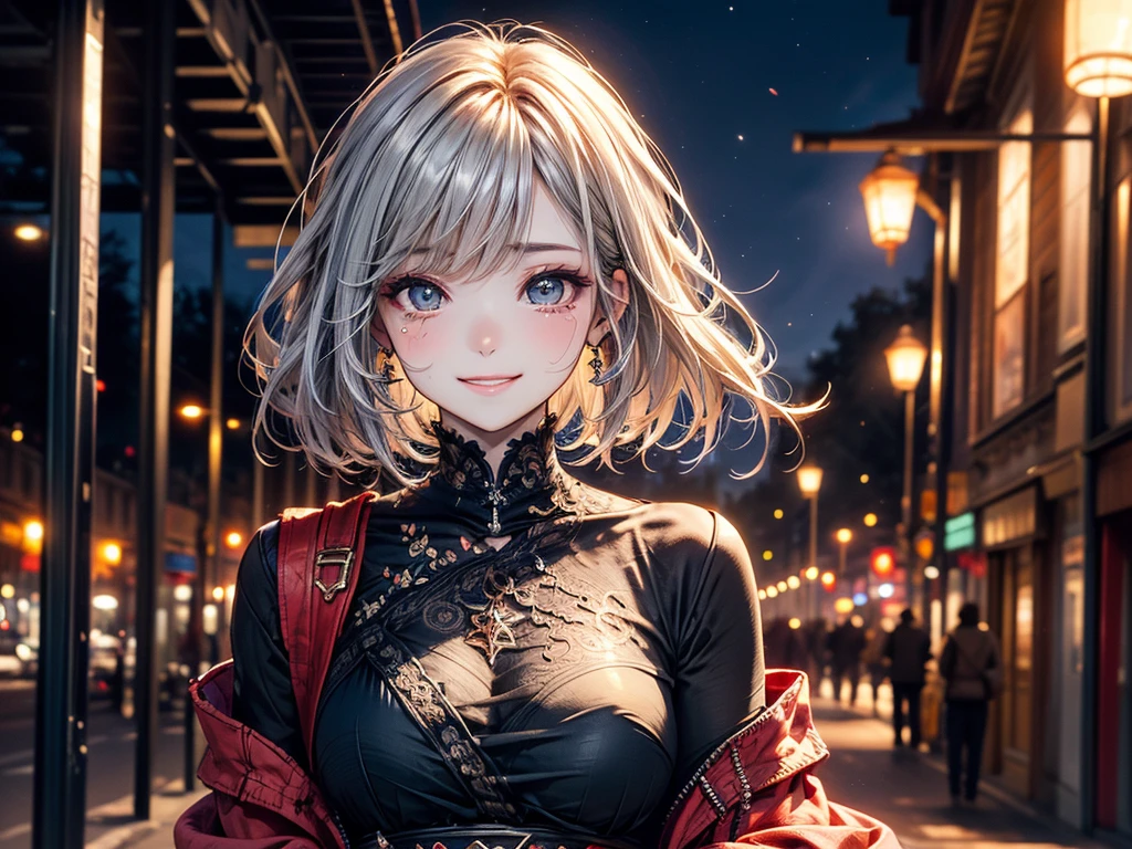 (masterpiece),(Highest quality:1.2),(Perfect Anatomy),(1 Girl),Beautiful and delicate,Silver Hair,((Latest Trends in Clothing)),Street fashion,Colorful oversized clothing,Cute costumes,(Highly detailed elegant), Detailed skin,Add a dramatic and symbolic element to your scene, Silky to the touch,It has a mysterious and enchanting atmosphere.,Through delicate lines and vibrant colors,Her beauty is more vivid,Captivating smile,Beautiful night view,Streetscape,Moonlight,Tears flowing from one eye,A big smile,Smiling face,Crying eyes closed,Hair blowing in the wind,short hair,Beautiful Eyes,childish face