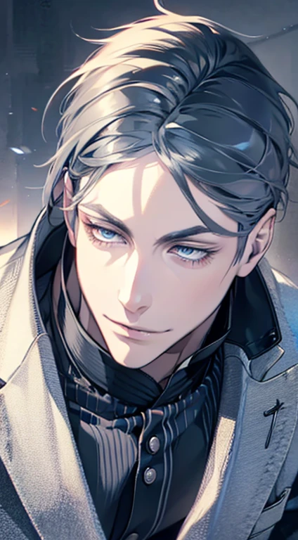 (best quality,4k,8k,highres,masterpiece:1.2),ultra-detailed,(realistic,photorealistic,photo-realistic:1.37),1 man,31 years old,mature man,very handsome,without expression,smile,short grey blue hair,blue eyes,penetrating gaze,perfect face without errors,imposing posture,businessman,office background,cinematic lighting,hdr image
