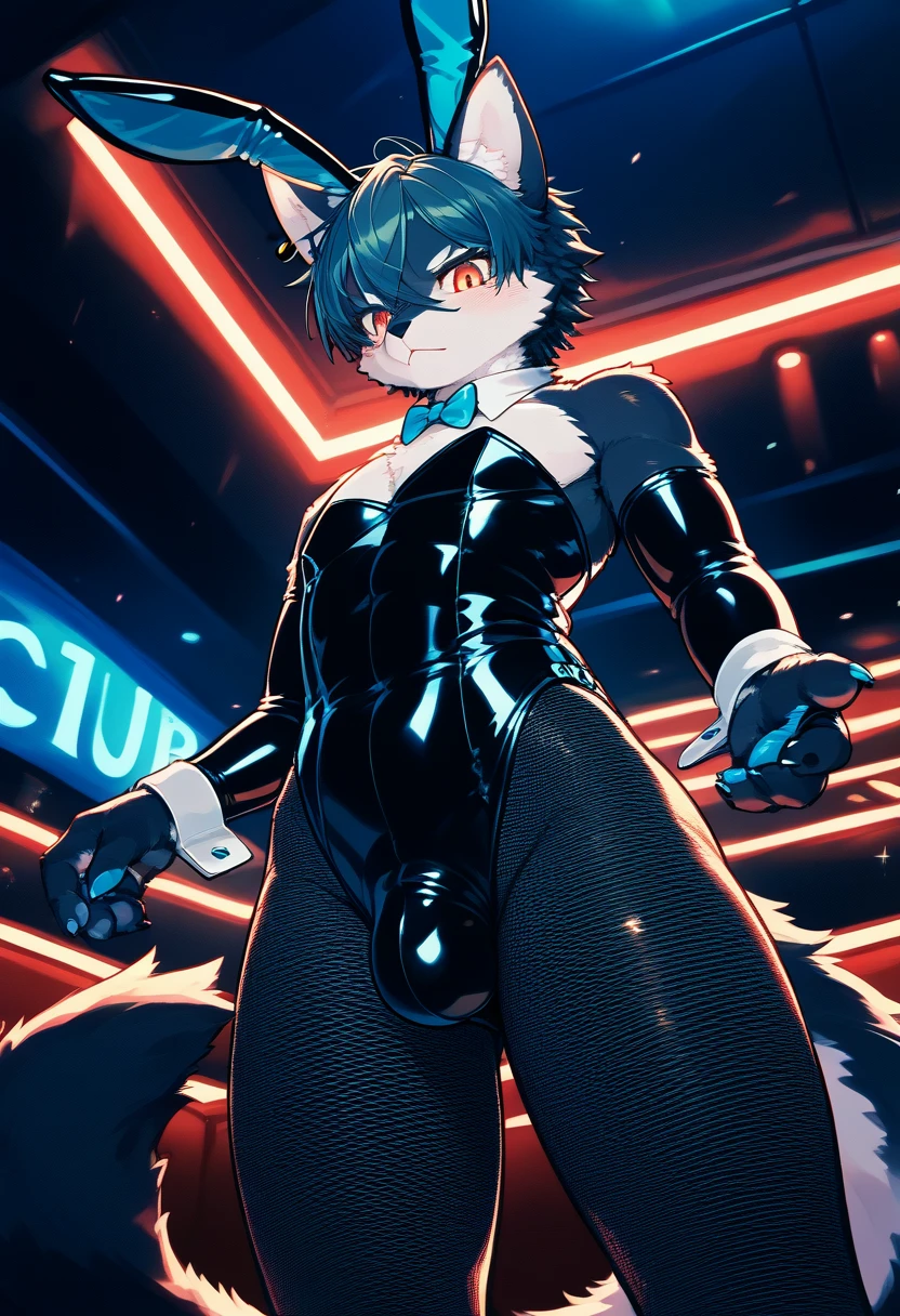 Highest quality, Highest quality, High quality illustrations, masterpiece, Ultra-high resolution, Detailed Background, club, Disco, Absurd, Perfect Anatomy, Performance, Good lighting, Shadows in the movie(kemono, Furry Personification), Rubber suit, Rubber Suit, latex, Earrings, Bunny Suit, Fishnet tights, male, Black Skin, null bulge