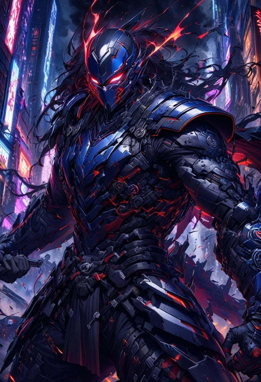 "Create a dynamic and intense scene featuring a cybernetic human ninja clashing with a formidable, larger cybernetic martial artist. The ninja, agile and sleek, wields a sword in each hand, their futuristic battle armor glinting under the neon lights of the dystopian cityscape. The armor is a blend of matte black and iridescent blue, with intricate circuitry patterns glowing faintly, highlighting the ninja's movements. The ninja's face is partially concealed by a high-tech mask, eyes glowing a piercing electric blue, exuding an aura of deadly precision.
Opposite the ninja stands the larger cybernetic martial artist, towering and imposing, with a frame reinforced by bulky, advanced cybernetics. Their battle armor is rugged and industrial, a stark contrast to the ninja's sleek gear, with patches of scorched metal and heavy plating that speaks of many battles fought. Their eyes, a glowing crimson, lock onto the ninja with a fierce intensity. The martial artist's hands are equipped with powerful, reinforced knuckles, ready to deliver devastating blows.
The backdrop is a futuristic urban battlefield, with towering skyscrapers, flickering holographic advertisements, and the distant hum of flying vehicles. Sparks fly as the ninja's swords clash with the martial artist's cybernetic limbs, creating a thrilling and high-stakes atmosphere. Capture the fluid motion, the clash of metal, and the sheer energy of this epic confrontation in a visually stunning and highly detailed artwork."