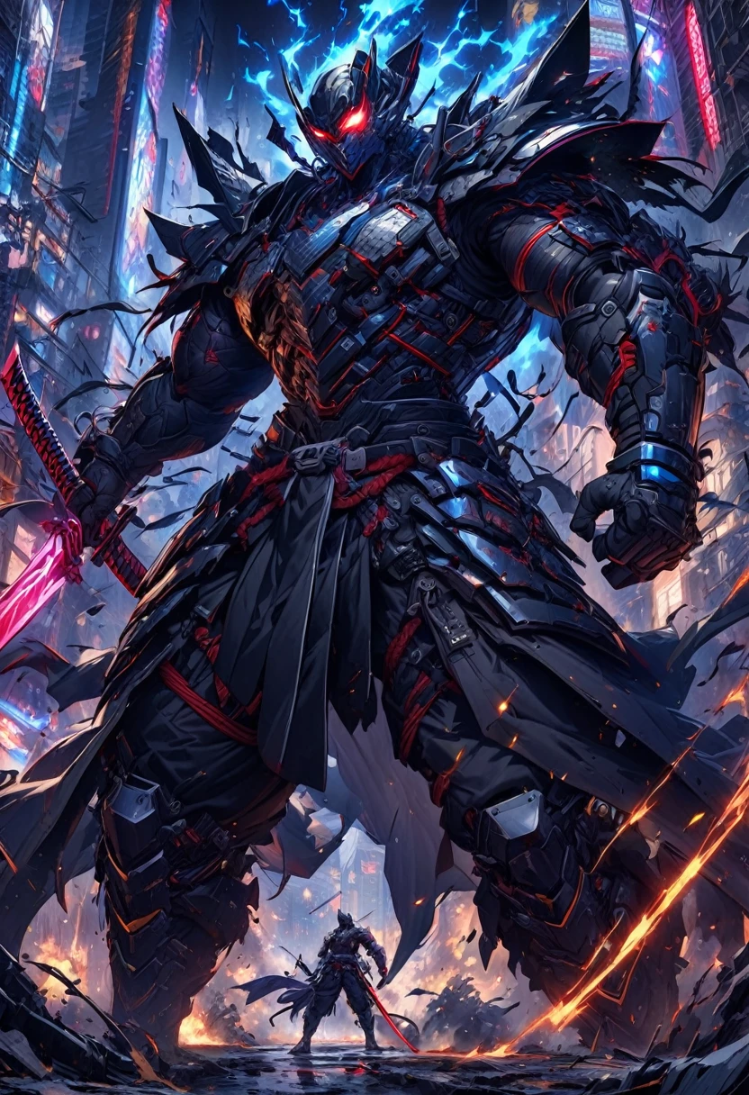 "Create a dynamic and intense scene featuring a cybernetic human ninja clashing with a formidable, larger cybernetic martial artist. The ninja, agile and sleek, wields a sword in each hand, their futuristic battle armor glinting under the neon lights of the dystopian cityscape. The armor is a blend of matte black and iridescent blue, with intricate circuitry patterns glowing faintly, highlighting the ninja's movements. The ninja's face is partially concealed by a high-tech mask, eyes glowing a piercing electric blue, exuding an aura of deadly precision.
Opposite the ninja stands the larger cybernetic martial artist, towering and imposing, with a frame reinforced by bulky, advanced cybernetics. Their battle armor is rugged and industrial, a stark contrast to the ninja's sleek gear, with patches of scorched metal and heavy plating that speaks of many battles fought. Their eyes, a glowing crimson, lock onto the ninja with a fierce intensity. The martial artist's hands are equipped with powerful, reinforced knuckles, ready to deliver devastating blows.
The backdrop is a futuristic urban battlefield, with towering skyscrapers, flickering holographic advertisements, and the distant hum of flying vehicles. Sparks fly as the ninja's swords clash with the martial artist's cybernetic limbs, creating a thrilling and high-stakes atmosphere. Capture the fluid motion, the clash of metal, and the sheer energy of this epic confrontation in a visually stunning and highly detailed artwork."