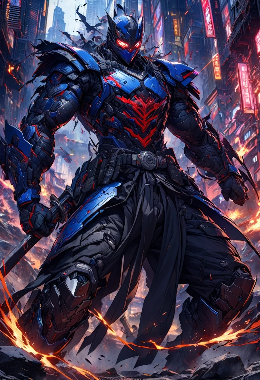 "Create a dynamic and intense scene featuring a cybernetic human ninja clashing with a formidable, larger cybernetic martial artist. The ninja, agile and sleek, wields a sword in each hand, their futuristic battle armor glinting under the neon lights of the dystopian cityscape. The armor is a blend of matte black and iridescent blue, with intricate circuitry patterns glowing faintly, highlighting the ninja's movements. The ninja's face is partially concealed by a high-tech mask, eyes glowing a piercing electric blue, exuding an aura of deadly precision.

Opposite the ninja stands the larger cybernetic martial artist, towering and imposing, with a frame reinforced by bulky, advanced cybernetics. Their battle armor is rugged and industrial, a stark contrast to the ninja's sleek gear, with patches of scorched metal and heavy plating that speaks of many battles fought. Their eyes, a glowing crimson, lock onto the ninja with a fierce intensity. The martial artist's hands are equipped with powerful, reinforced knuckles, ready to deliver devastating blows.

The backdrop is a futuristic urban battlefield, with towering skyscrapers, flickering holographic advertisements, and the distant hum of flying vehicles. Sparks fly as the ninja's swords clash with the martial artist's cybernetic limbs, creating a thrilling and high-stakes atmosphere. Capture the fluid motion, the clash of metal, and the sheer energy of this epic confrontation in a visually stunning and highly detailed artwork."