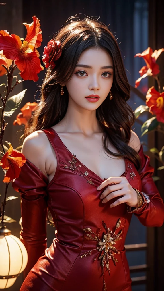 Full figure, seven -clinging shooting, 18 years old, wearing firefly clothes, exquisite faces, details, hands, ultimate details, amazing magnificence, Pedaipan style, fiber hair, glowing red iris, glowing red flower,