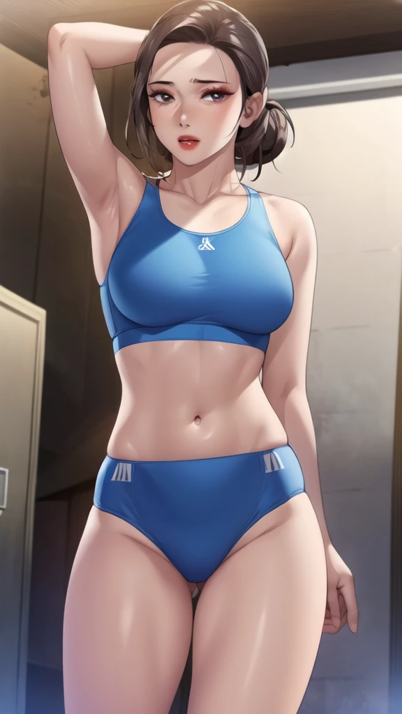 mrs_ahn, 1girl, red lips, lipstick, single hair bun, masterpiece, absurdres , (intricate details), (colorful),cinematic lighting,bust shot,extremely detailed CG unity 8k wallpaper, 1girl, solo,mature female, arm up, looking at viewer, sports bra, locker room,cowboy shot,