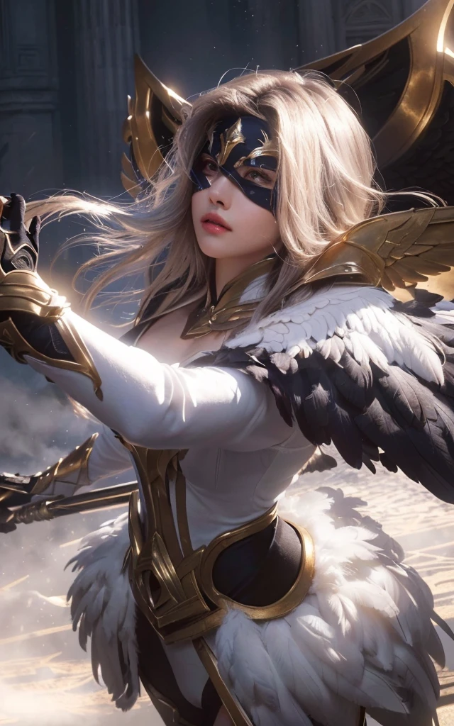 a woman angel knight, detailed facial features, beautiful long hair, detailed armor, feathered wings, dramatic lighting, cinematic composition, photorealistic, 8k, highly detailed, masterpiece, hyper-detailed, volumetric lighting, chiaroscuro, intricate details, glowing energy, ethereal, radiant, majestic, epic, fantasy, heroic, powerful, awe-inspiring