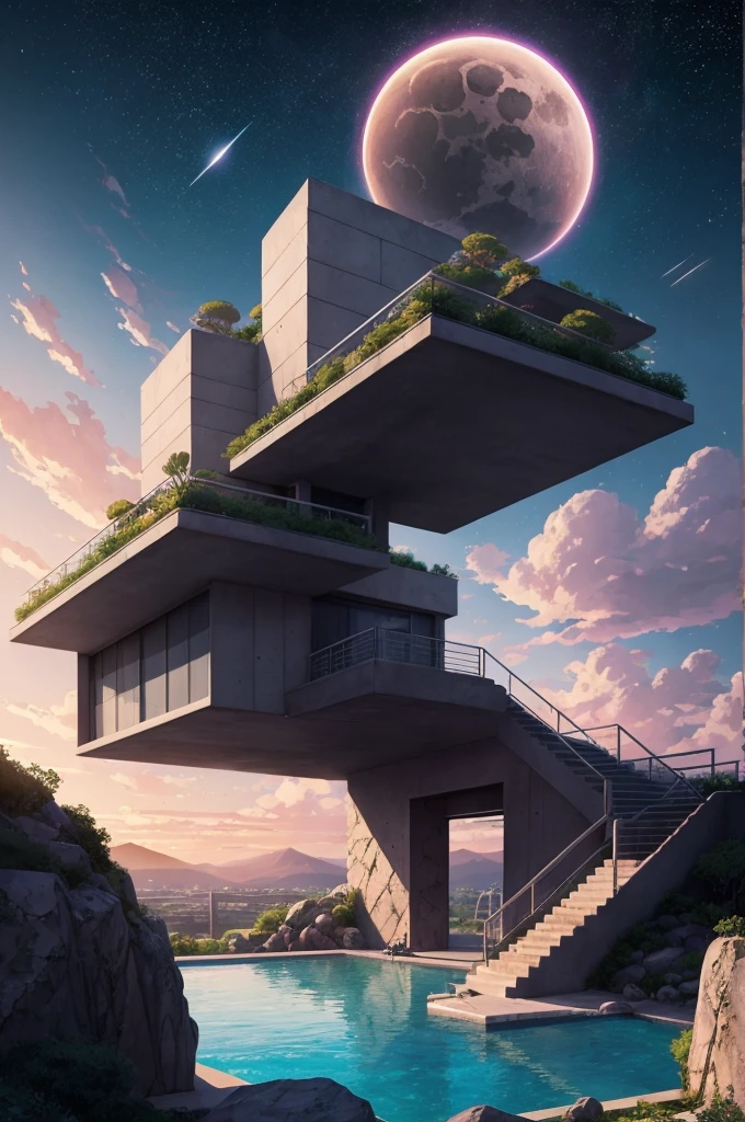 anime (best-quality:0.8), (best-quality:0.8), perfect anime illustration, we've been trying to reach you about your cars extended warranty, An illustration in collage style, with giant boulders, brutalist building sections, terraces, stairs, cacti, agave, concrete texture, multiple geometric shapes, hatch and cross hatching, planet saturn, volcano, moon, Luis Barragán's architectural style build, milky way galaxy, violet, one motorcycle, An illustration in collage style, with giant boulders, brutalist building sections, stairs, cacti, agave, concrete texture, multiple geometric shapes, hatch and cross hatching, planet saturn, volcano, moon, Luis Barragán's architectural style build, reflective pool, terraces. An elegant and modern build, in top of big boulders, with terraces, materials concrete, wood, steel and crystal, various gardens with tropical vegetation, cacti and rocks, stairs, a pool. In middle of sea, a big wave near, sunset, mountains and a volcano in the horizont, cute islands around, illustration format, cute color palette, detailed, masterpiece, award-winning work A 1999 Nissan GTR in Tron form r34 horizonte Lamborghini under a pink and purple sky, an anime drawing by Makoto Shinkai, trending on pixiv, magical realism, beautiful anime scene, cosmic skies. by makoto shinkai, ( ( makoto shinkai ) ), by makoto shinkai, anime background art, style of makoto shinkai