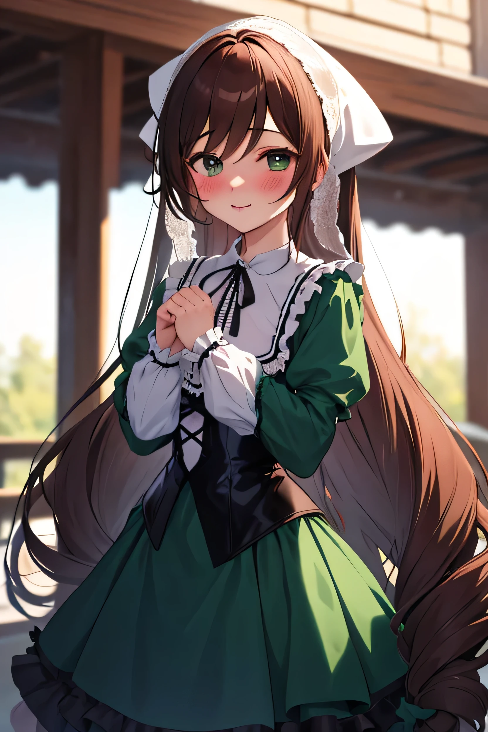 score_9、score_8_up、score_7_up、score_6_up、score_5_up、score_4_up、source_アニメ、BREAK, (masterpiece,Highest quality, detailed), indoor, kitchen, View your viewers, One girl, alone, whole body, Are standing, Cowboy Shot, blush, nose blush, suiseiseki, Twin Drill, Green Dress, Neck ribbon, bonnet, Head scarf, suiseiseki, corset, Cowboy Shots, Put your hands together, Outdoor, nature, A light smile, blush