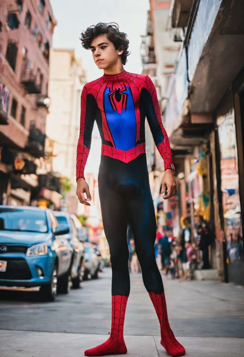A nineteen year old half mexican half white. with short wavy brown hair wearing a spiderman suit