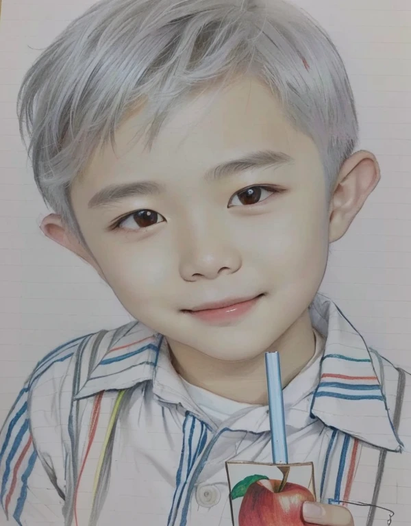 A drawing of a boy holding a carton of apple juice with a straw in it, Colored pencil sketch, Inspired by Huang Gongwang, Detailed face of asian boy, Color painting, solo portrait 🎨🖌️, Inspired by Nam Kyaw, Colored pencilスケッチ, Inspired by Xia Yong, Inspired by Chen Hong, Colored pencil, Inspired by Yonghao Han、An even cuter smile、Showing nasolabial folds on both sides、Put your mouth into a smiling expression