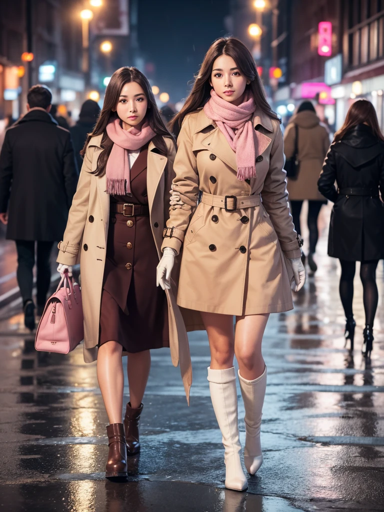 1girl with long brown hair wearing a fully buttoned up and belted buckle beige trench coat with a large pink winter wool scarf and white gloves carrying her large purse at the hard rainy night city street full body 8k