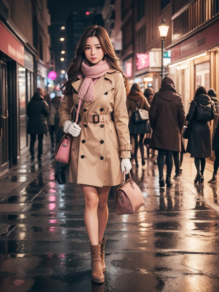 1girl with long brown hair wearing a fully buttoned up and belted buckle beige trench coat with a large pink winter wool scarf and white gloves carrying her large purse at the hard rainy night city street full body 8k