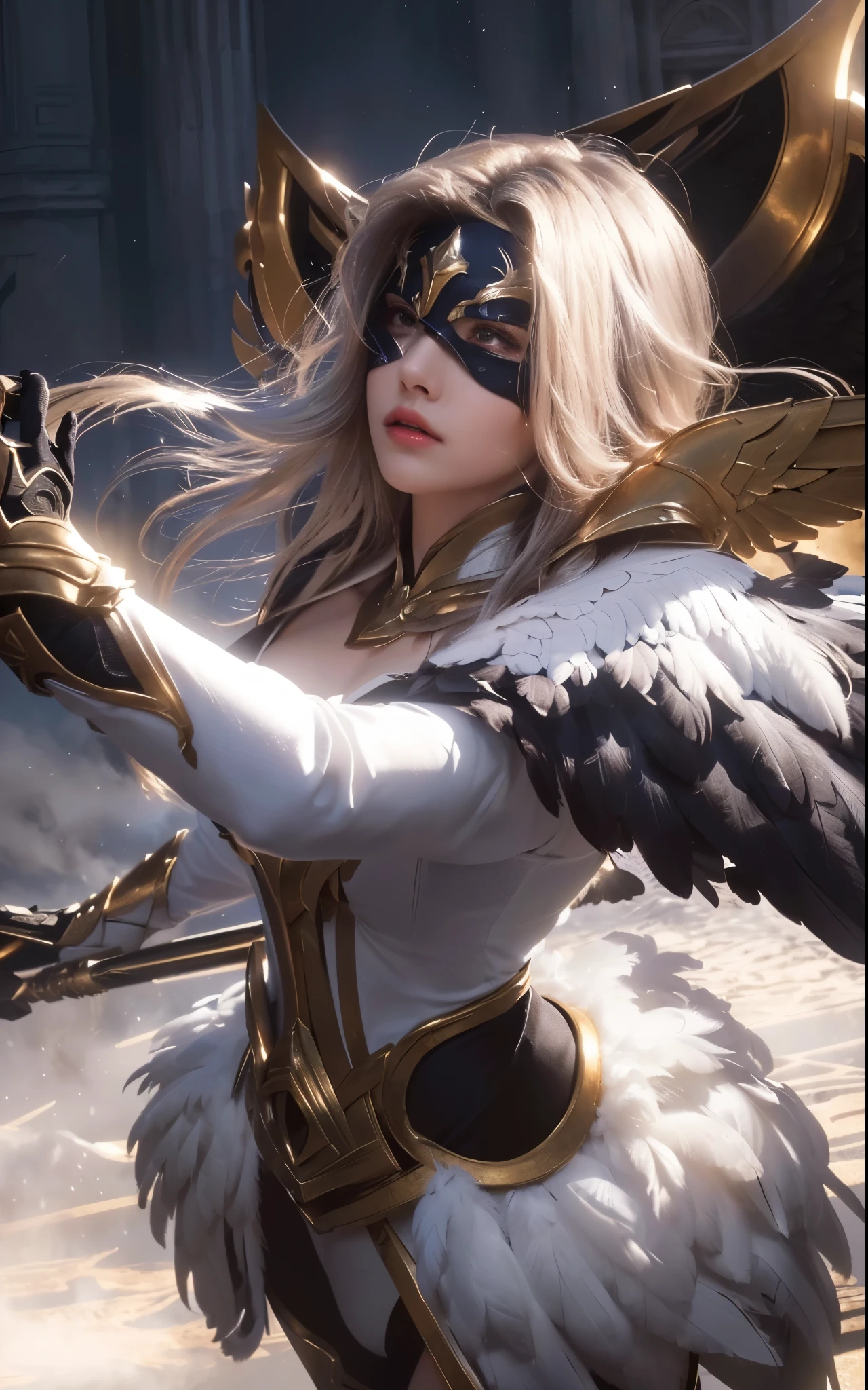 a woman angel knight, detailed facial features, beautiful long hair, detailed armor, feathered wings, dramatic lighting, cinematic composition, photorealistic, 8k, highly detailed, masterpiece, hyper-detailed, volumetric lighting, chiaroscuro, intricate details, glowing energy, ethereal, radiant, majestic, epic, fantasy, heroic, powerful, awe-inspiring