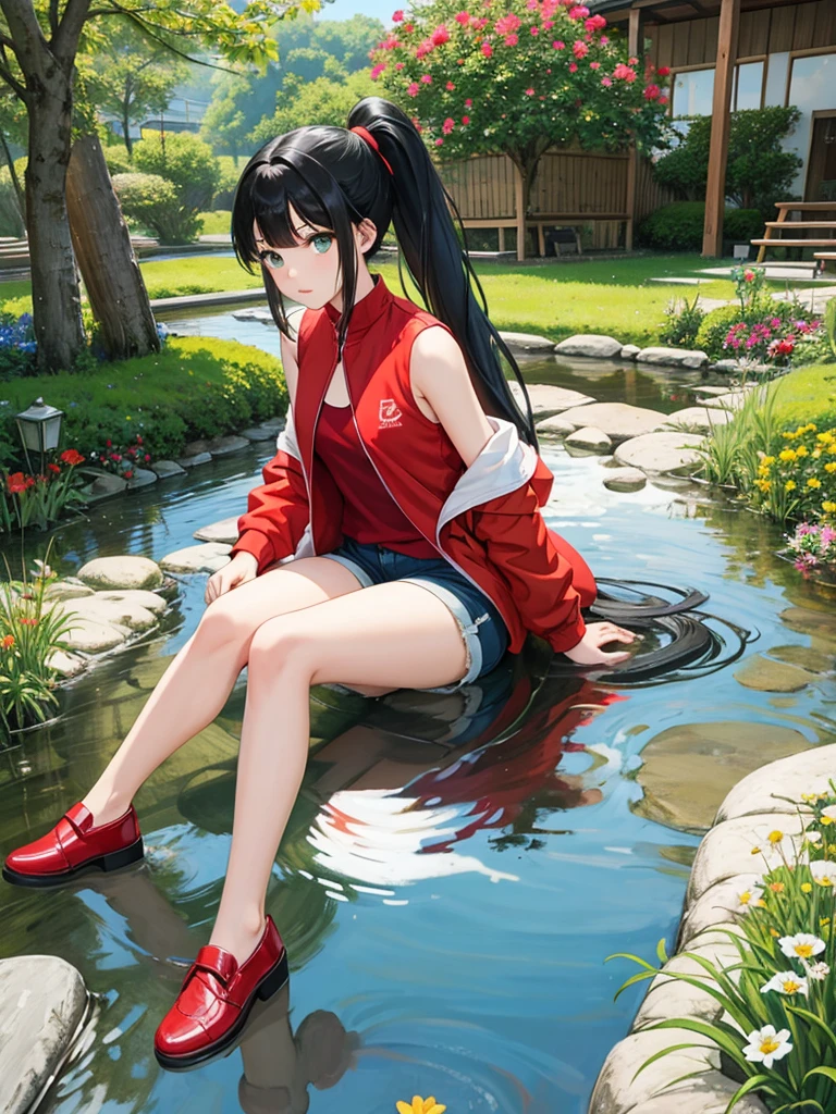 Moss green eyes、ponytail、1 thick braid、redいリボン、Black Hair、Long Hair、expose forehead、No bangs、カラフルな沢山のflowerに周りを囲まれている、色とりどりのflower畑、reflection、flower、Wearing shorts, red, Sleeveless jacket、White Dress、Oil painting、Draw the whole body、Drawing from head to shoes、Wide-angle、I&#39;Wearing short boots。comics、An illustration、2Ｄ、Beautiful high image quality